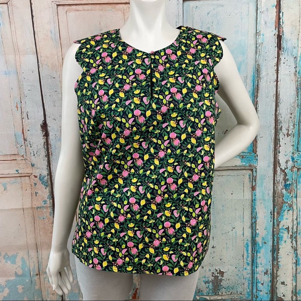 1901 Citrus Lemon Grapefruit Print Scalloped Keyhole Tank Top Blouse Top